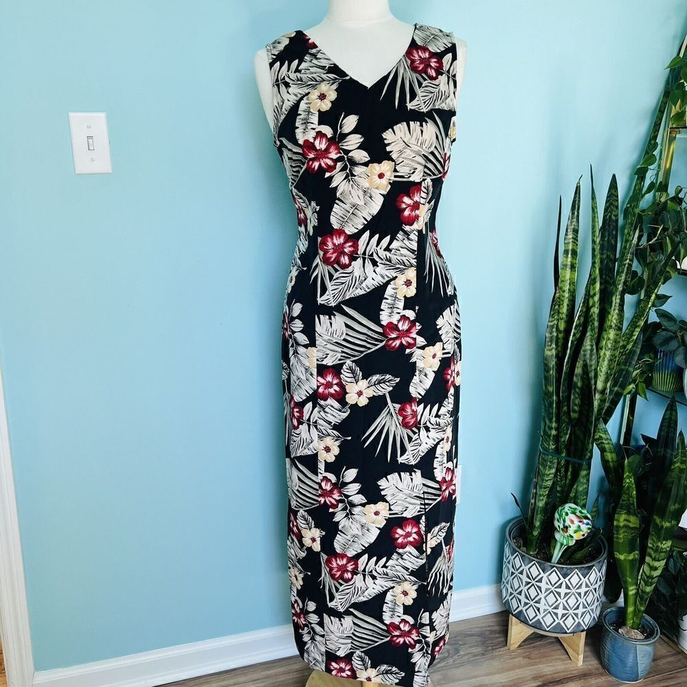 90's Kathy Lee Sz M 8-10 Black Red White Floral Flower Maxi Dress Sleeveless 771